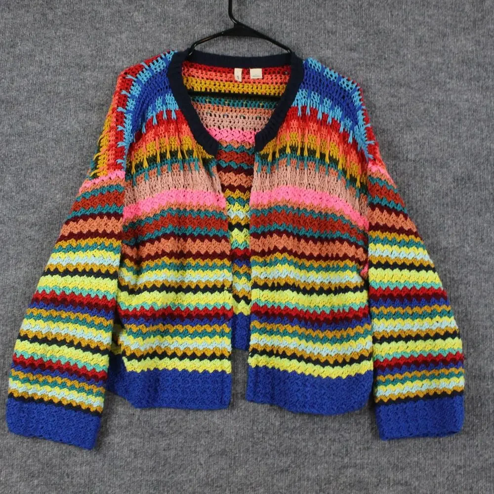 Moth Sweater Small Betty Knit Cardigan Multicolor Crochet Open Knit Boho Artsy - Picture 7 of 15